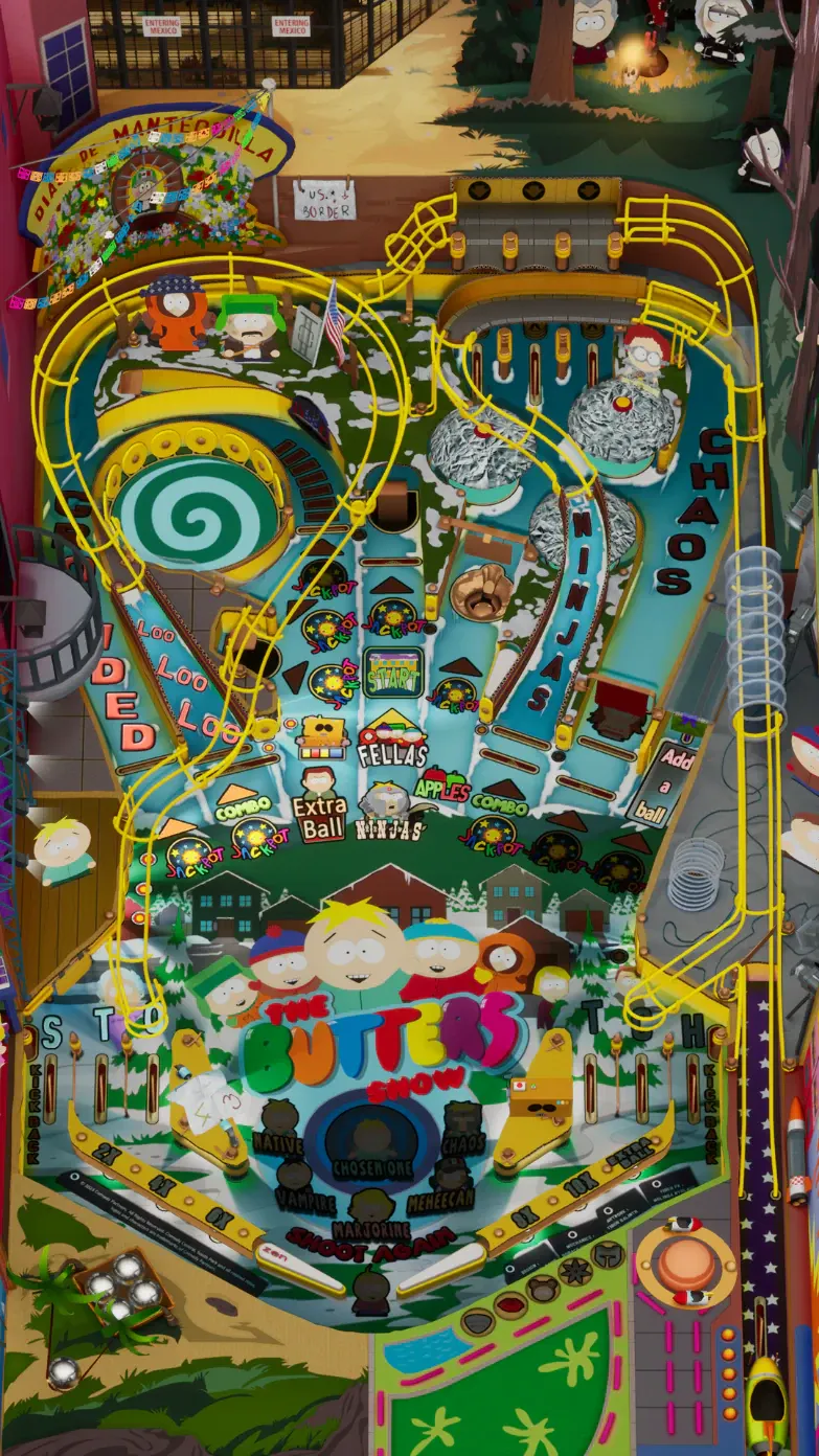 Colorful South Park-themed pinball machine with characters and iconic locations.