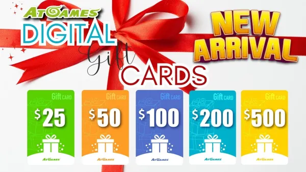 Promotional image for AtGames digital gift cards with amounts ranging from 25 to 500.