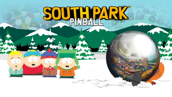 Promotional artwork for South Park Pinball with four animated characters in a winter scene.