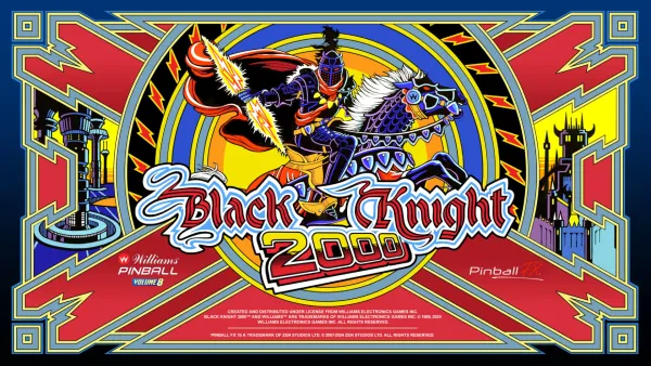 Colorful promotional artwork for "Black Knight 2000 Pinball" featuring a knight on horseback with a castle background.