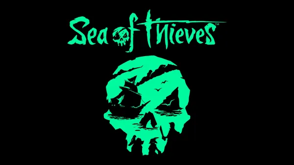 Logo for "Sea of Thieves" featuring a green skull with pirate imagery against a black background.